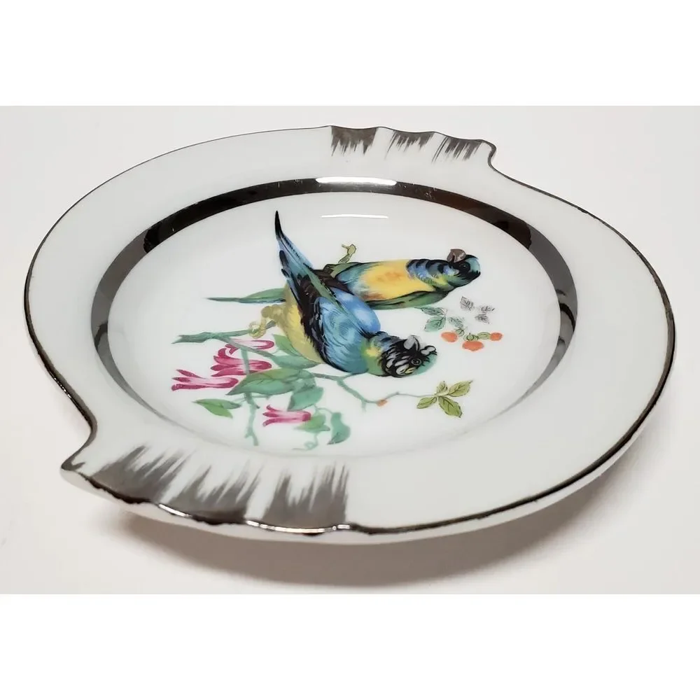 Norleans Ashtray Parrot Bird Japan Hand Paint Dish Ring Hold Porcelain Bl/Grn/Yl